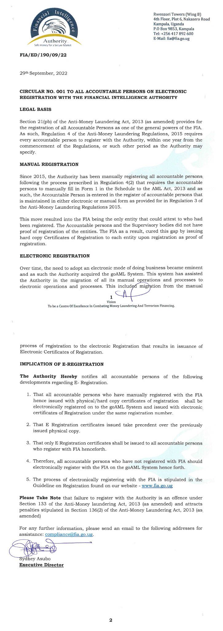 CIRCULAR NO.001 TO ALL ACCOUNTABLE PERSONS ON ELECTRONIC REGISTRATION WITH THE FINANCIAL INTELLIGENCE AUTHORITY