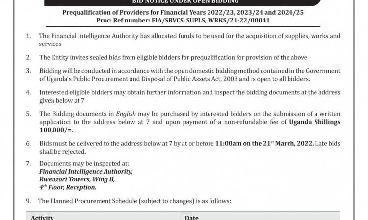 FIA-Abridged Bid Notice for Prequalification of Providers