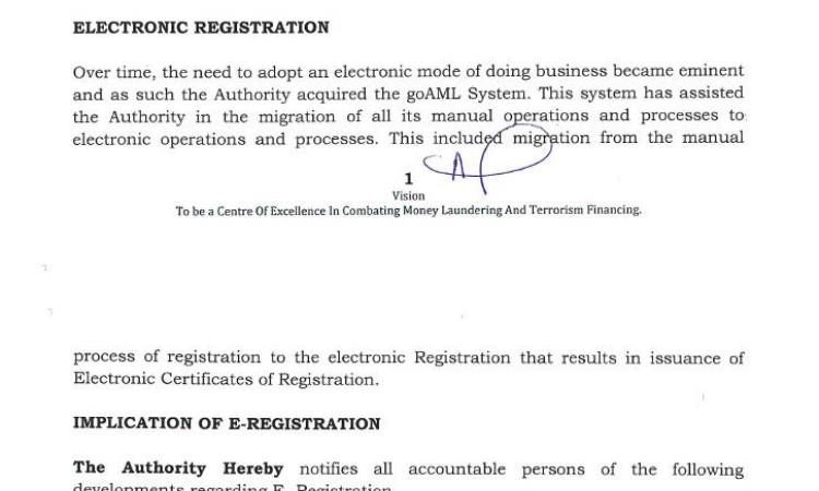 CIRCULAR NO.001 TO ALL ACCOUNTABLE PERSONS ON ELECTRONIC REGISTRATION WITH THE FINANCIAL INTELLIGENCE AUTHORITY